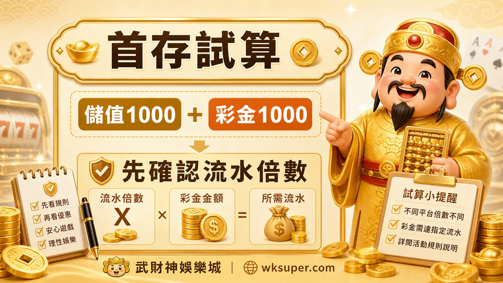 武財神娛樂城首存試算，儲值1000加彩金1000並確認流水倍數