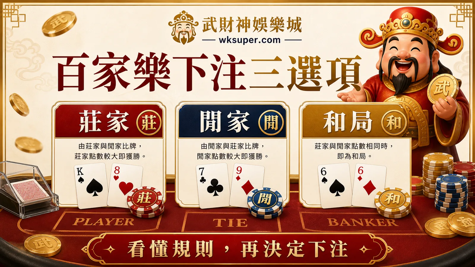 百家樂下注三選項圖解，包含莊家、閒家與和局