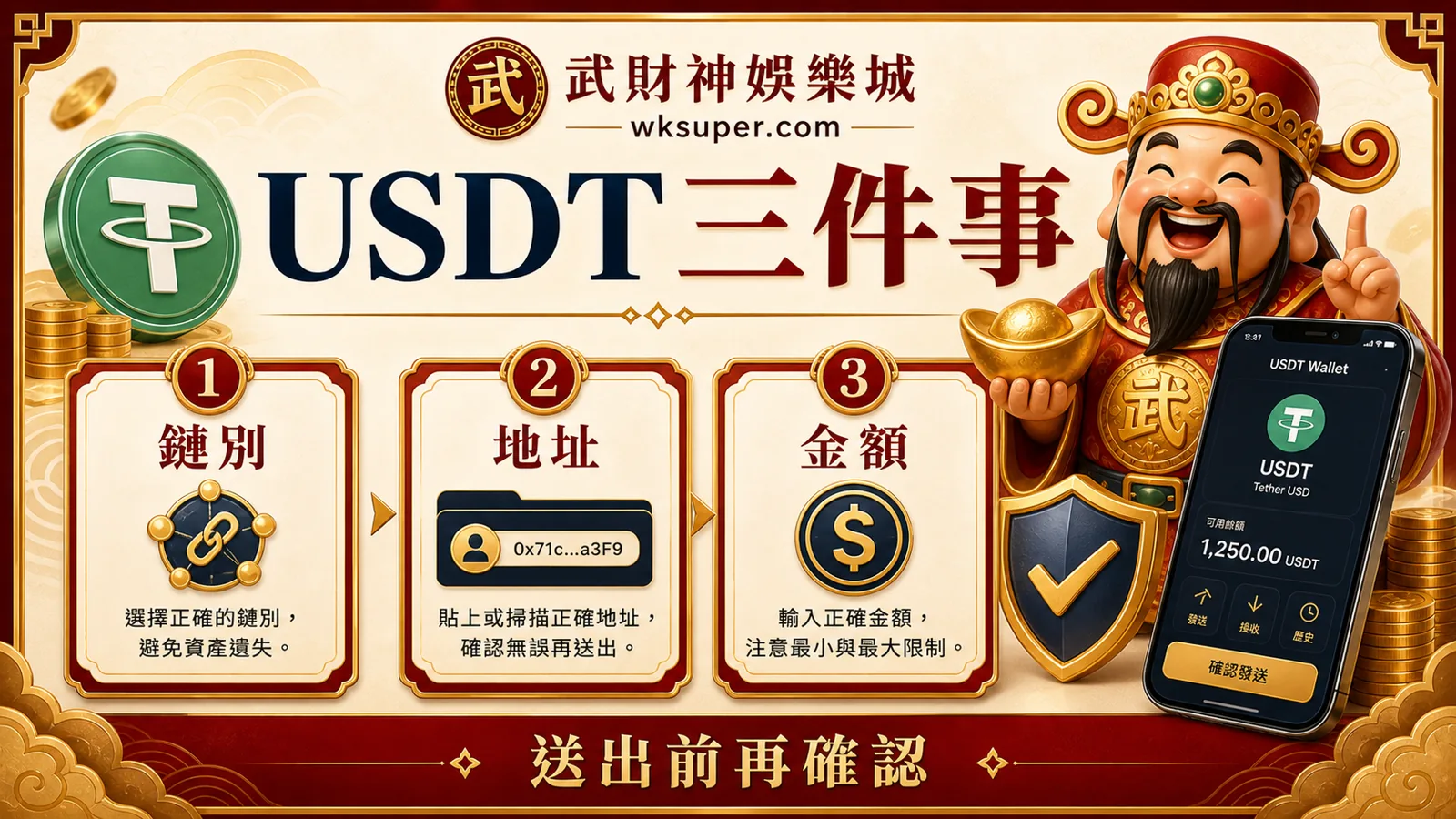 USDT三件事圖解，包含鏈別、地址與金額